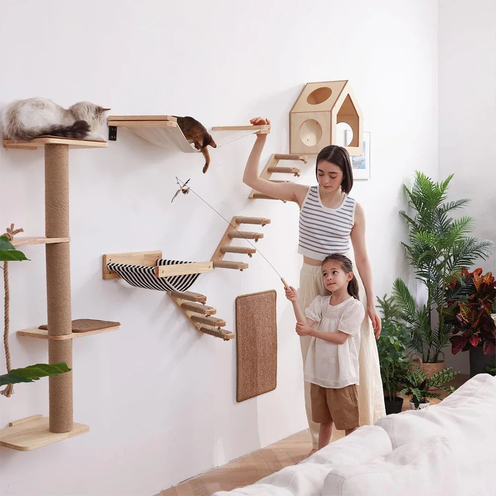Estantes de Pared para Gatos | Escalera Trepadora con Rascador, Cama y Casa Escondite | Muebles de Interior para Mascotas
