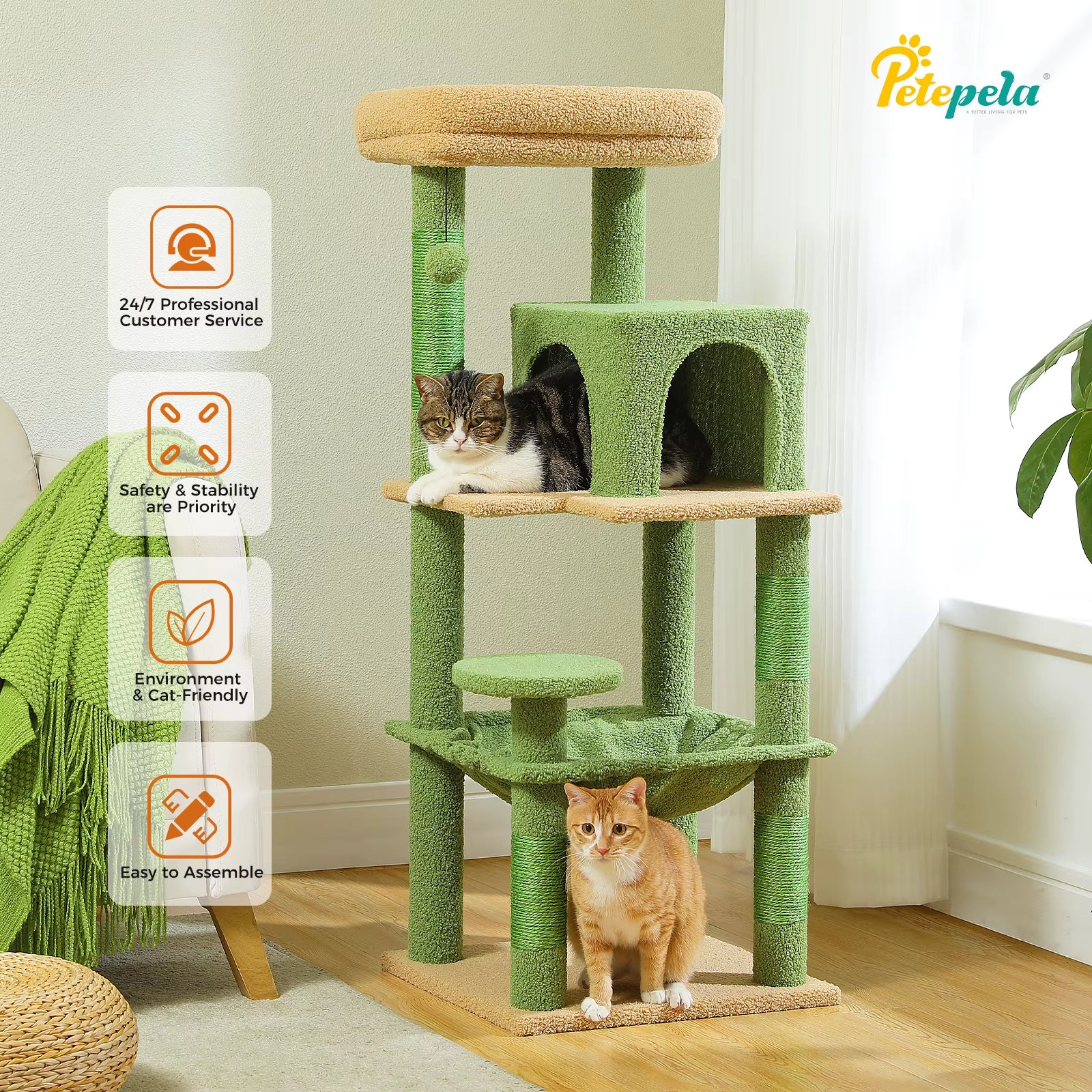 Torre Árbol para Gatos de Interior | Rascador de 5 Niveles con Hamaca Grande y Cama Elevada | Condominio para Gatos Grandes