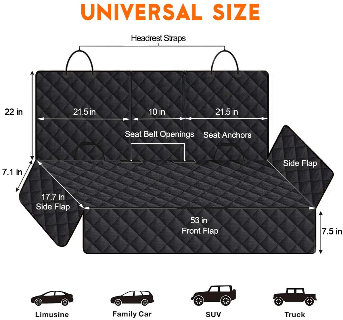 Funda Impermeable para Asiento Trasero de Auto para Perros, Protector de Asiento Antideslizante y Resistente a Arañazos, con Acceso al Descansabrazos Central, Compatible con Autos, SUVs y Camionetas, Color Negro, 53 Pulgadas