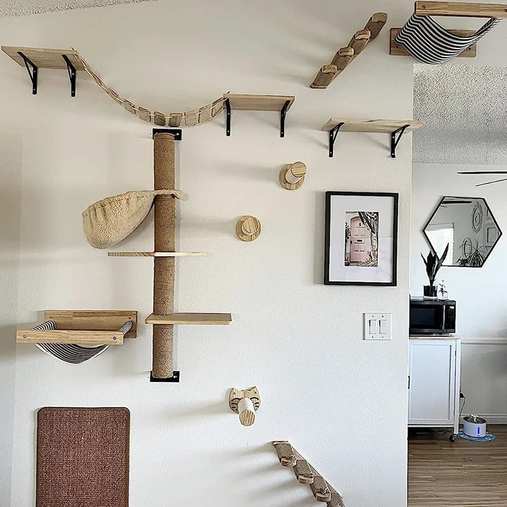 Estantes de Pared para Gatos | Escalera Trepadora con Rascador, Cama y Casa Escondite | Muebles de Interior para Mascotas