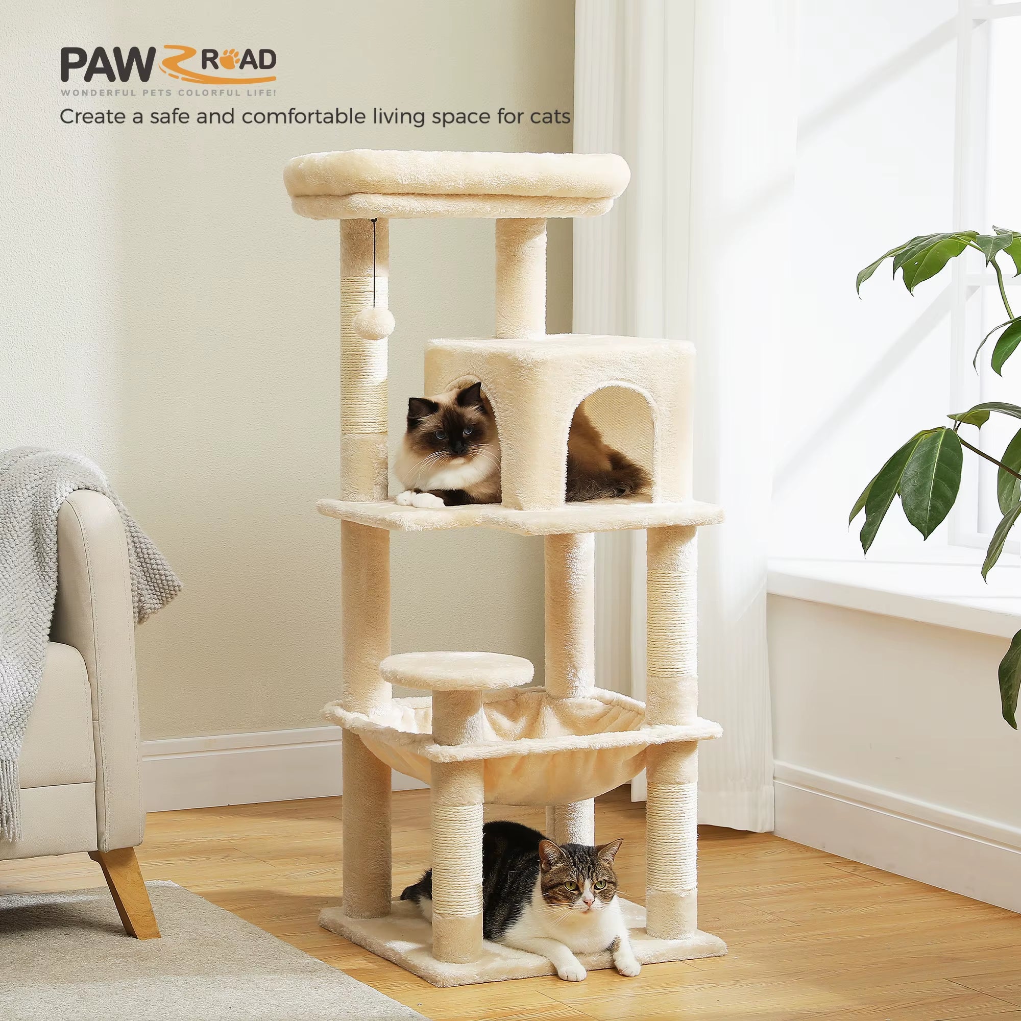 Torre Árbol para Gatos de Interior | Rascador de 5 Niveles con Hamaca Grande y Cama Elevada | Condominio para Gatos Grandes