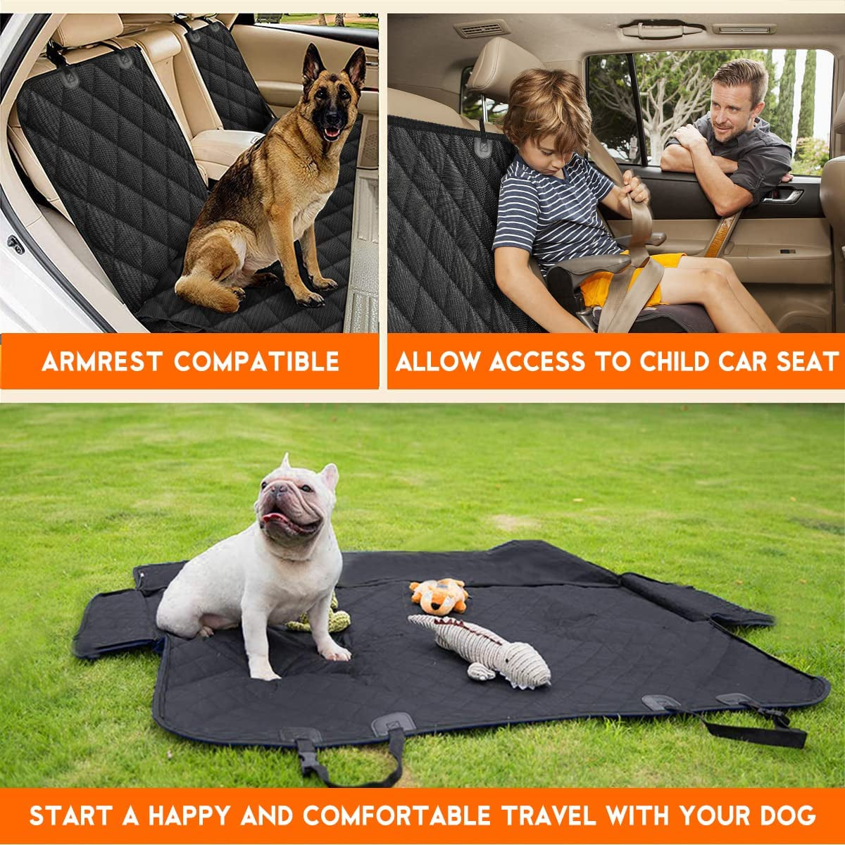 Funda Impermeable para Asiento Trasero de Auto para Perros, Protector de Asiento Antideslizante y Resistente a Arañazos, con Acceso al Descansabrazos Central, Compatible con Autos, SUVs y Camionetas, Color Negro, 53 Pulgadas