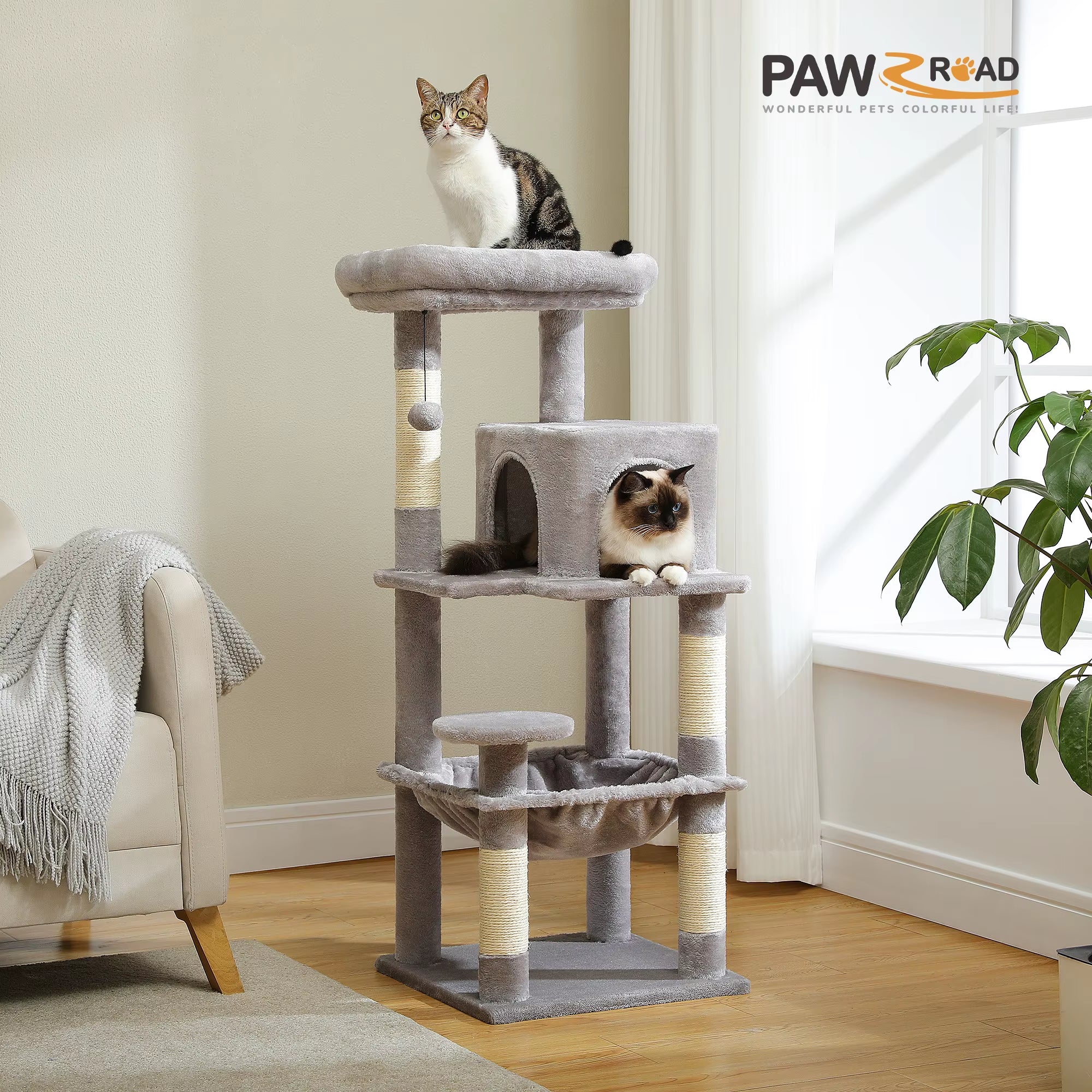 Torre Árbol para Gatos de Interior | Rascador de 5 Niveles con Hamaca Grande y Cama Elevada | Condominio para Gatos Grandes