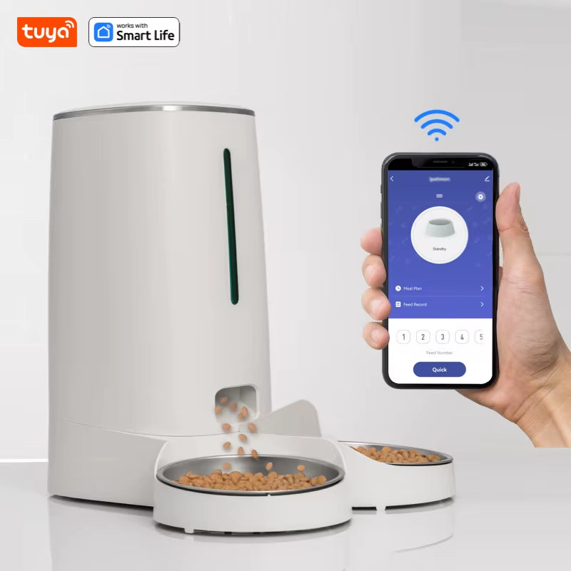 Comedero Automático Inteligente WiFi para 2 Gatos de 4L con Control por App | Doble Plato de Acero Inoxidable y Alarma de Bajo Alimento