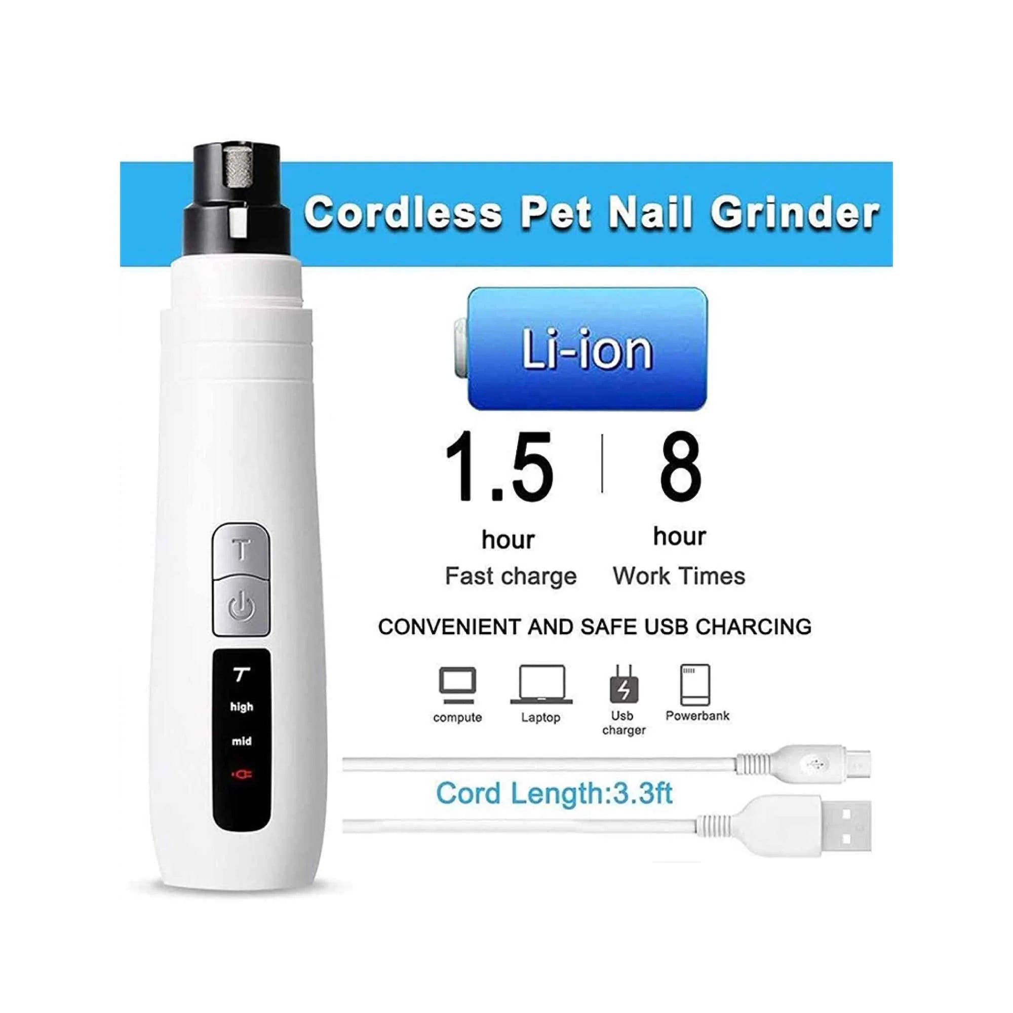 Lima Eléctrica para Uñas de Mascotas | Cortador y Pulidor de Garras para Perros y Gatos | Esmeril Recargable USB N9