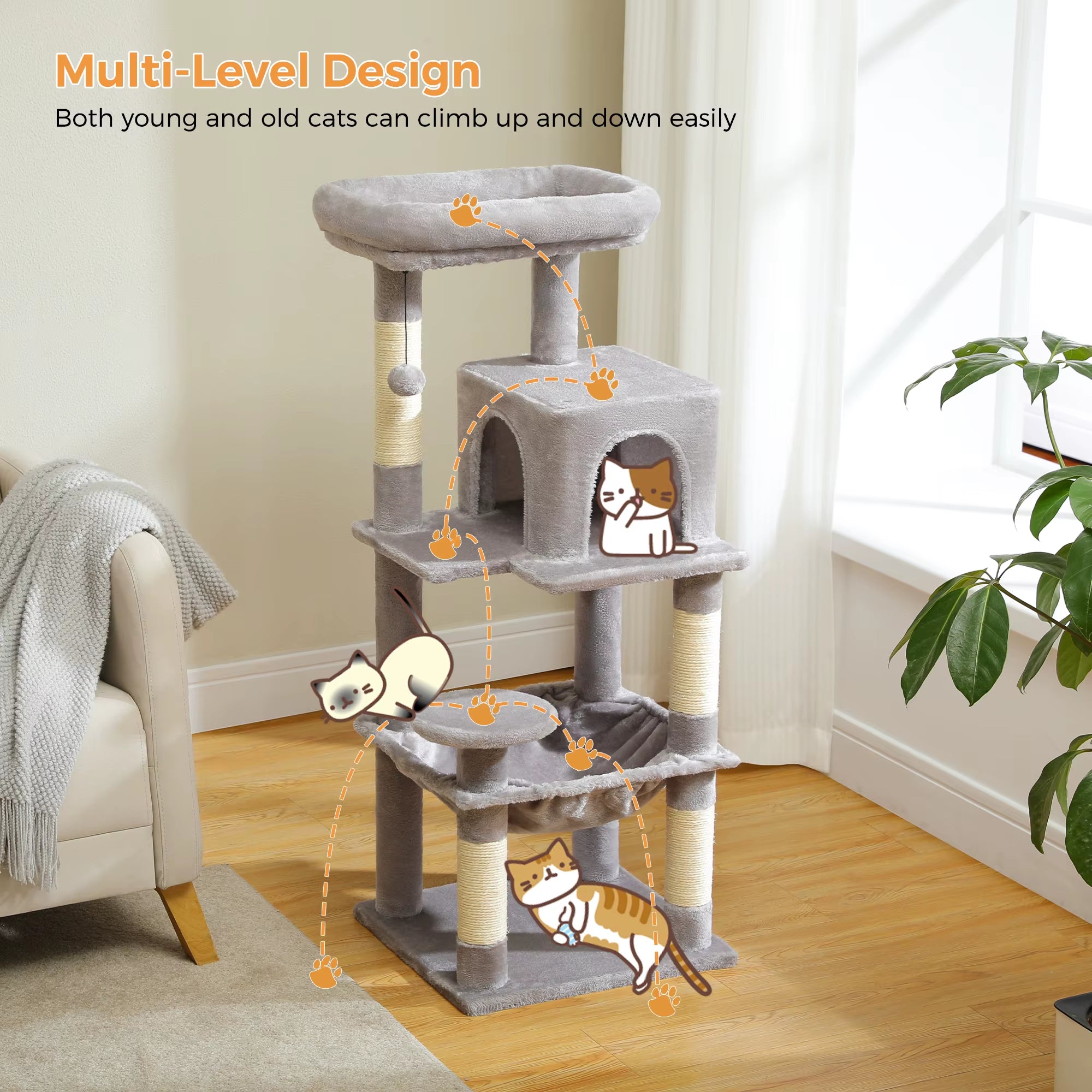 Torre Árbol para Gatos de Interior | Rascador de 5 Niveles con Hamaca Grande y Cama Elevada | Condominio para Gatos Grandes