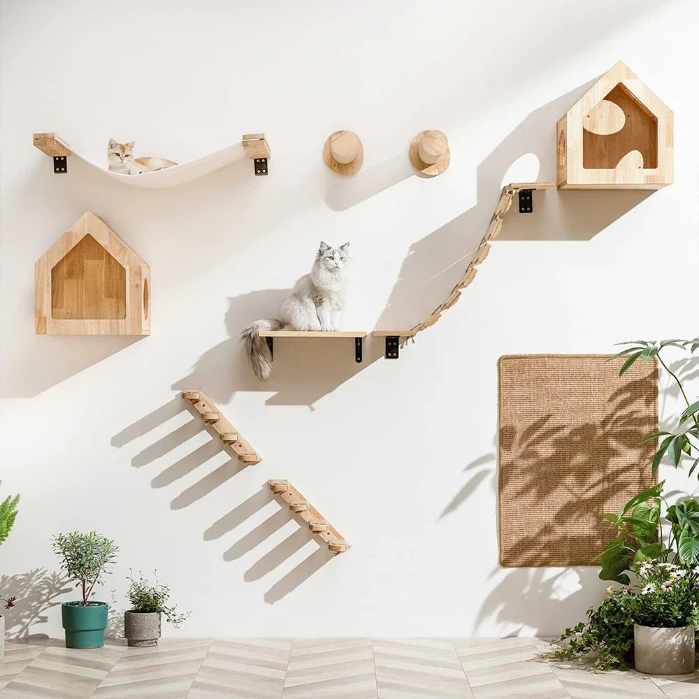 Estantes de Pared para Gatos | Escalera Trepadora con Rascador, Cama y Casa Escondite | Muebles de Interior para Mascotas