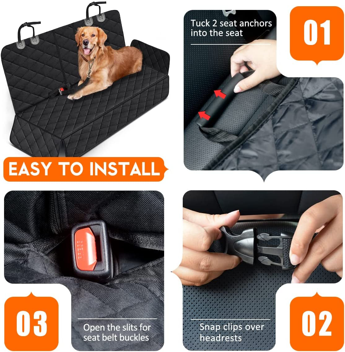Funda Impermeable para Asiento Trasero de Auto para Perros, Protector de Asiento Antideslizante y Resistente a Arañazos, con Acceso al Descansabrazos Central, Compatible con Autos, SUVs y Camionetas, Color Negro, 53 Pulgadas