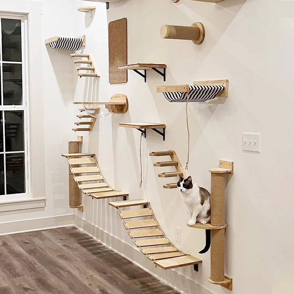 Estantes de Pared para Gatos | Escalera Trepadora con Rascador, Cama y Casa Escondite | Muebles de Interior para Mascotas