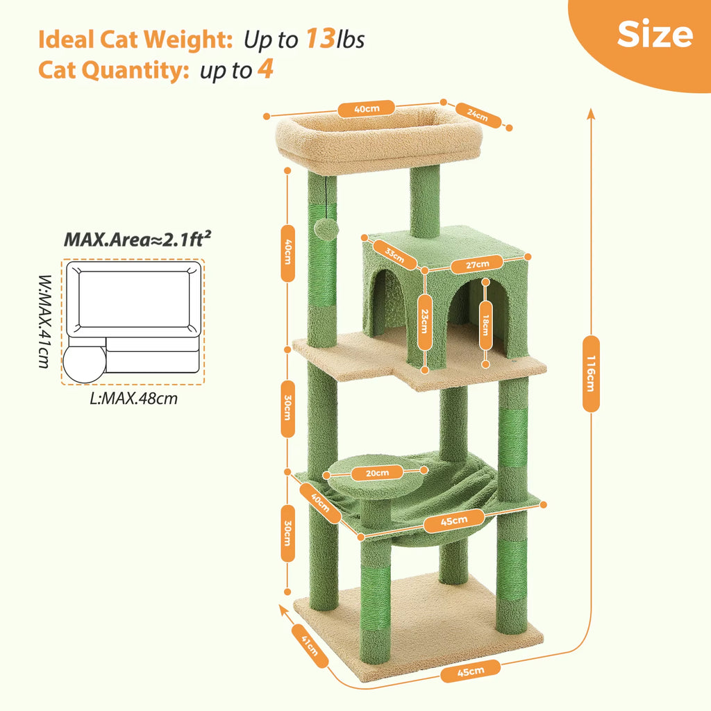 Torre Árbol para Gatos de Interior | Rascador de 5 Niveles con Hamaca Grande y Cama Elevada | Condominio para Gatos Grandes
