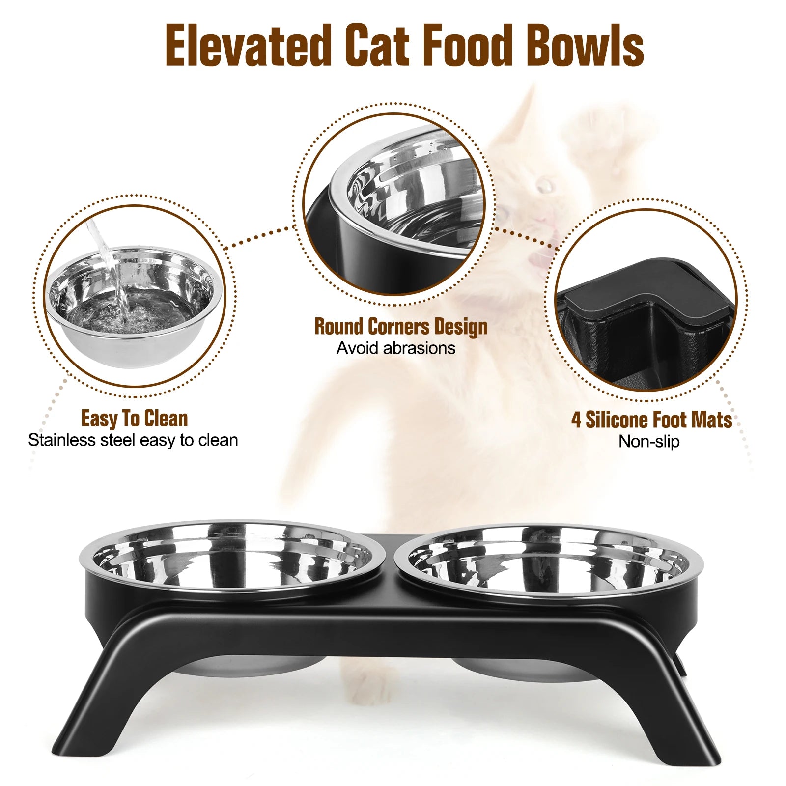 Comedero Elevado para Gatos y Perros | Tazones de Acero Inoxidable con Soporte Antideslizante ABS | Plato Ergonómico para Comida y Agua de Mascotas