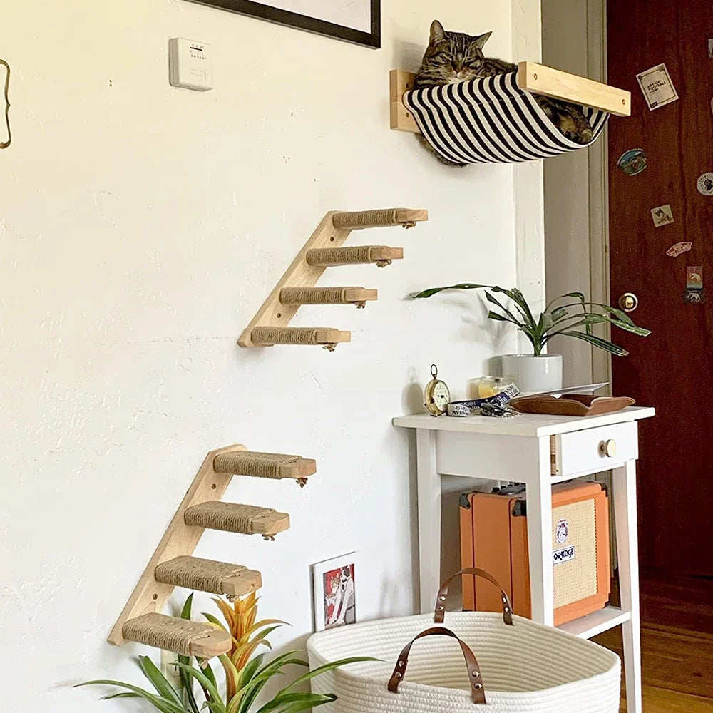 Estantes de Pared para Gatos | Escalera Trepadora con Rascador, Cama y Casa Escondite | Muebles de Interior para Mascotas