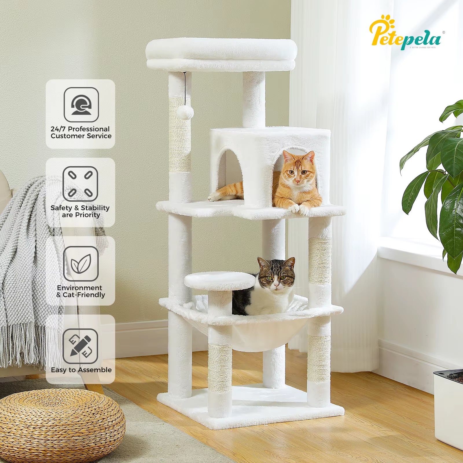 Torre Árbol para Gatos de Interior | Rascador de 5 Niveles con Hamaca Grande y Cama Elevada | Condominio para Gatos Grandes