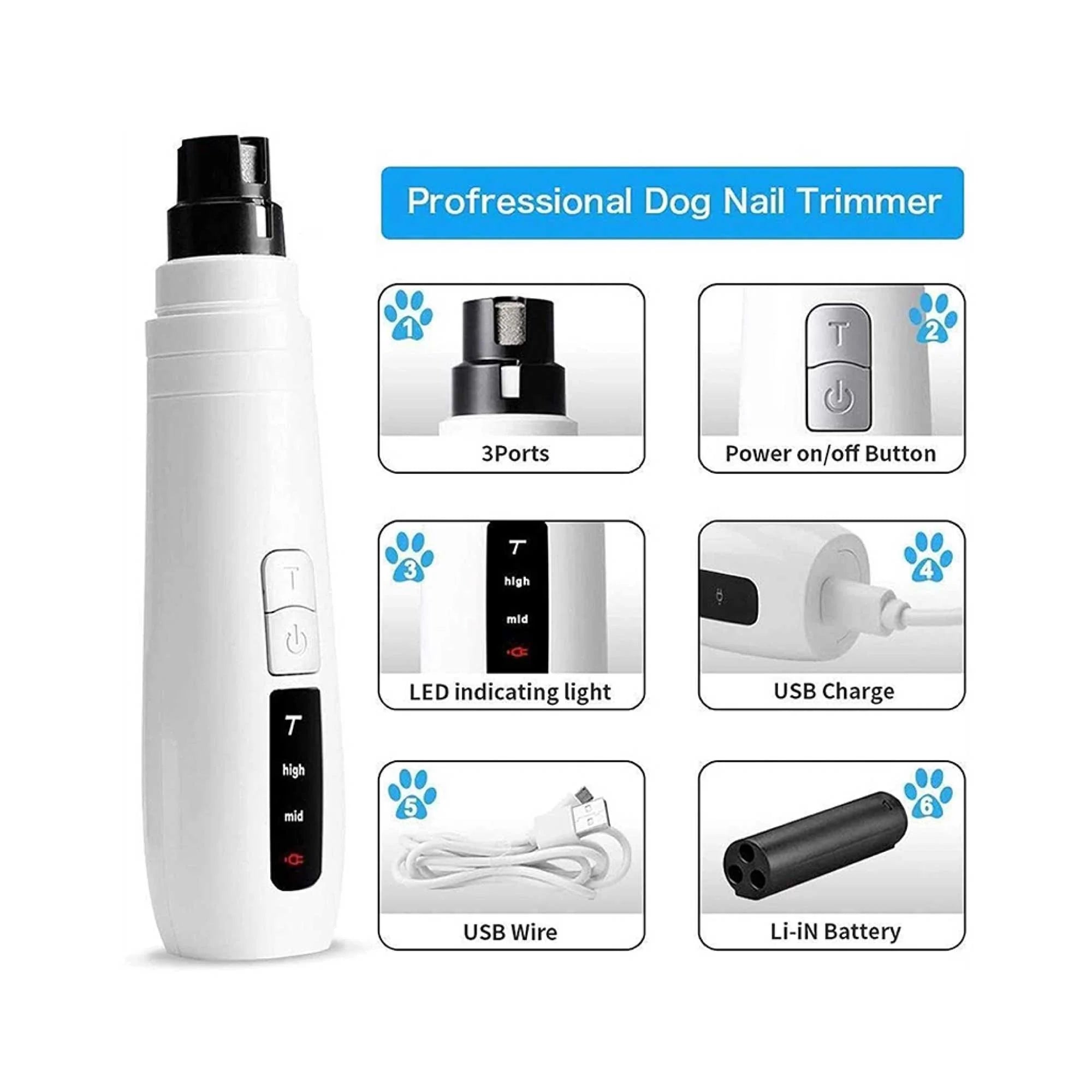 Lima Eléctrica para Uñas de Mascotas | Cortador y Pulidor de Garras para Perros y Gatos | Esmeril Recargable USB N9